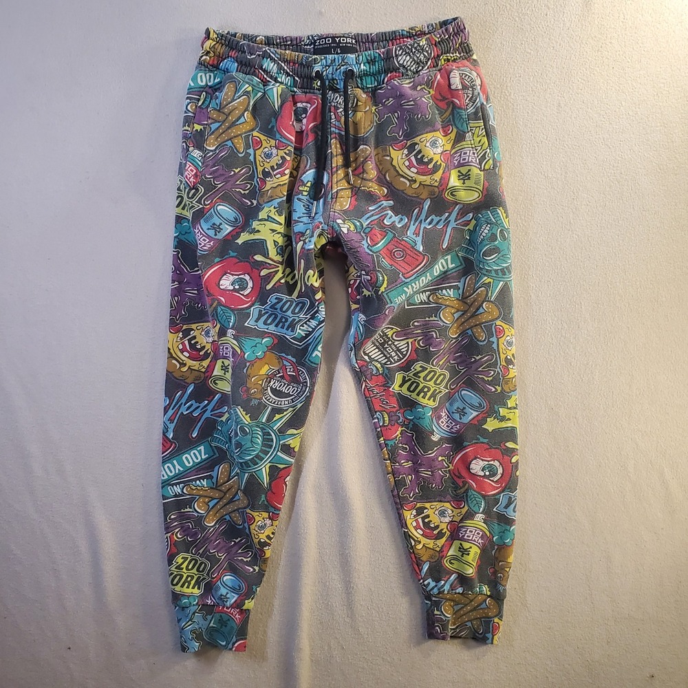 Zoo York NYC Mens Large Pizza Graffiti AOP Joggers Streetwear Sweatpants Graphic